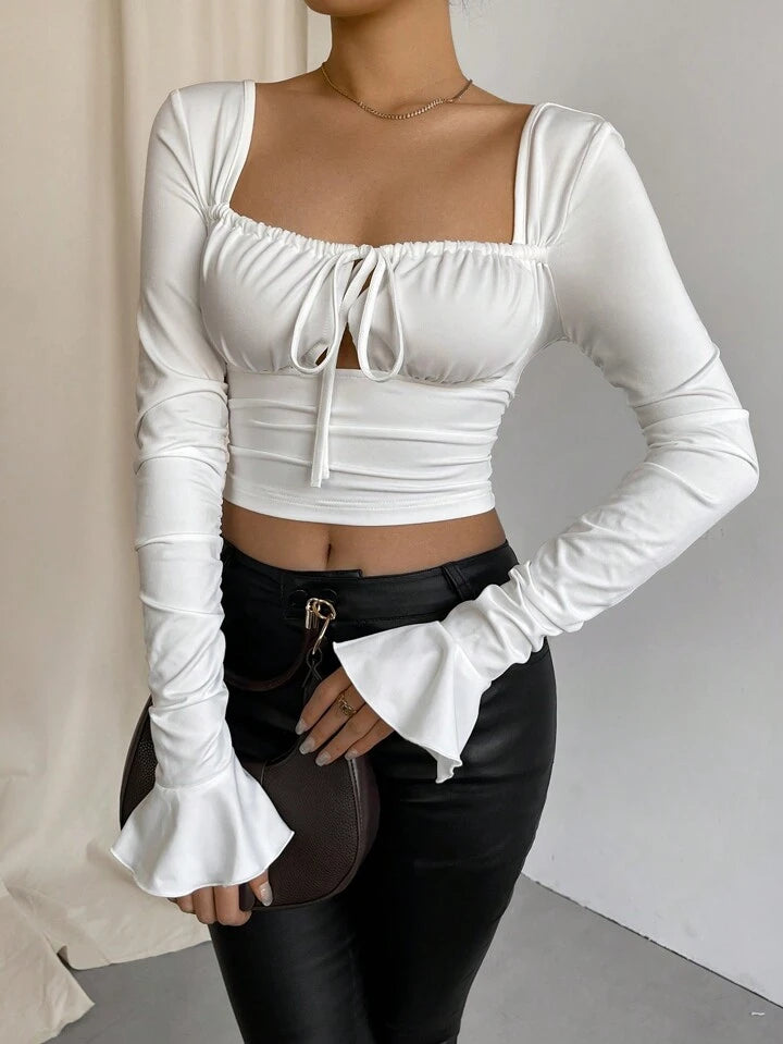 Square Neckline Bell Sleeve Self-Tie Crop Top With Cinched Waist - Clothes and You