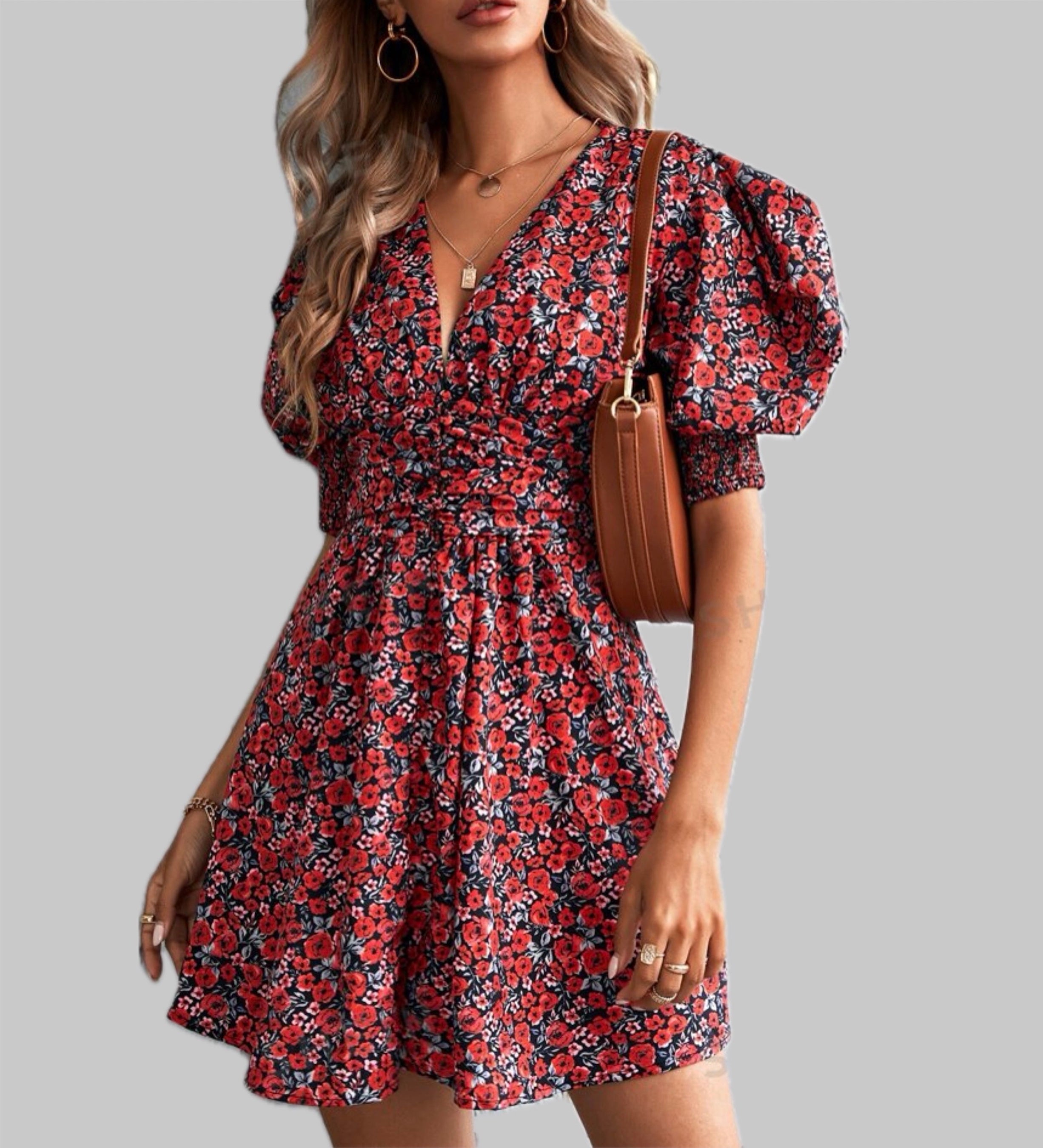 Clothes and You Floral Print Puff Sleeve Dress