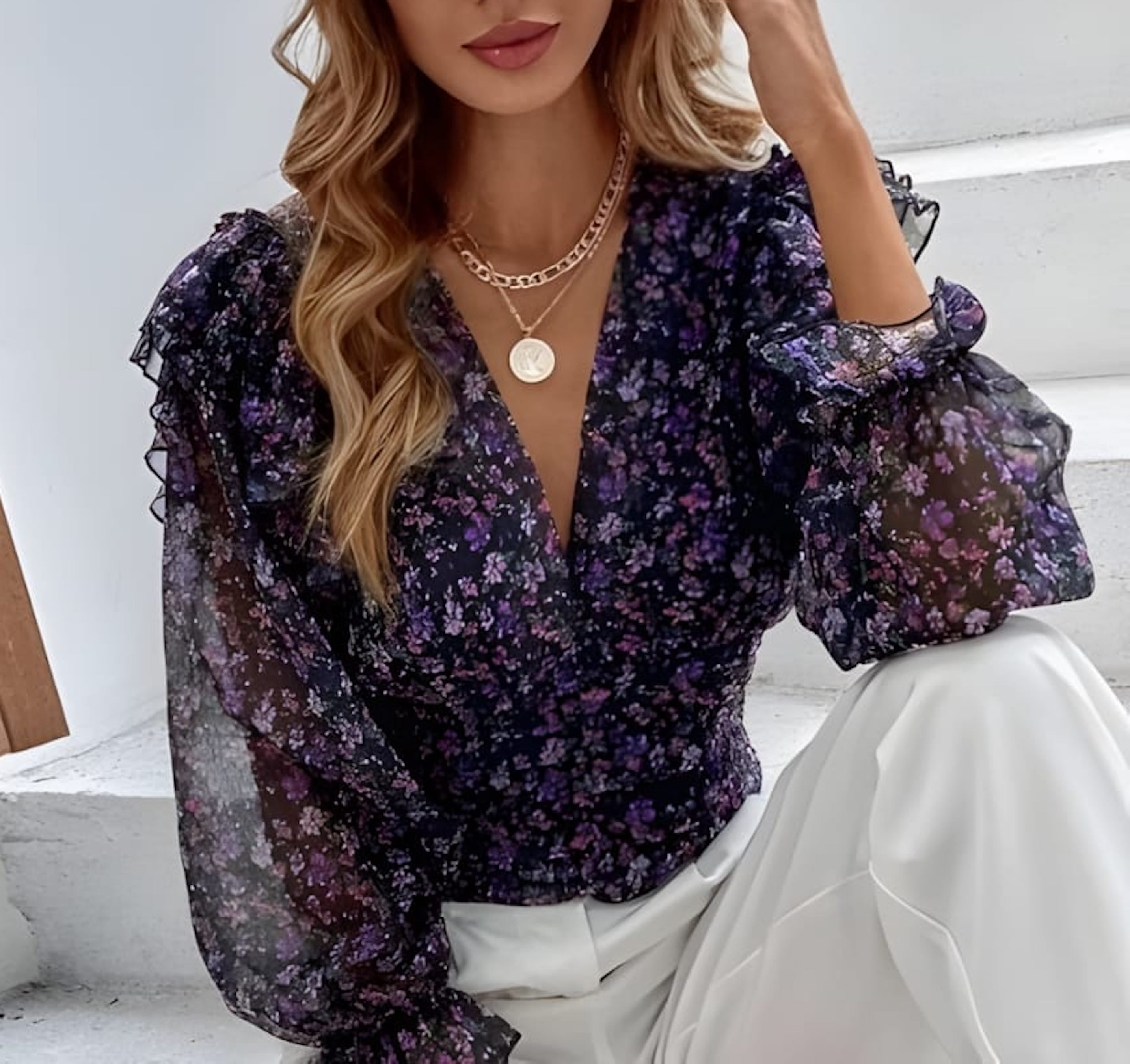 Clothes and You Floral Print Ruffle Trim Top