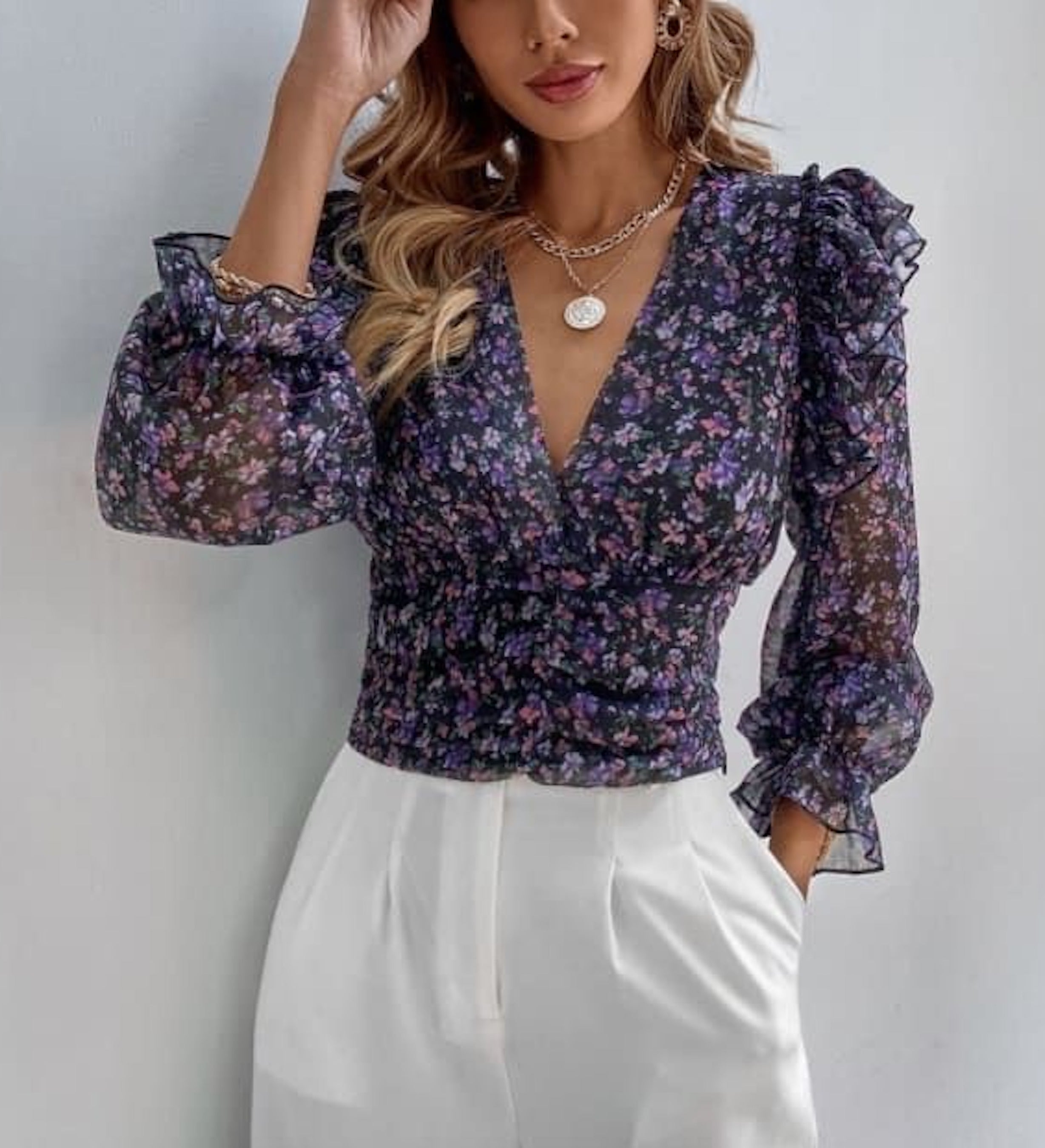 Clothes and You Floral Print Ruffle Trim Top