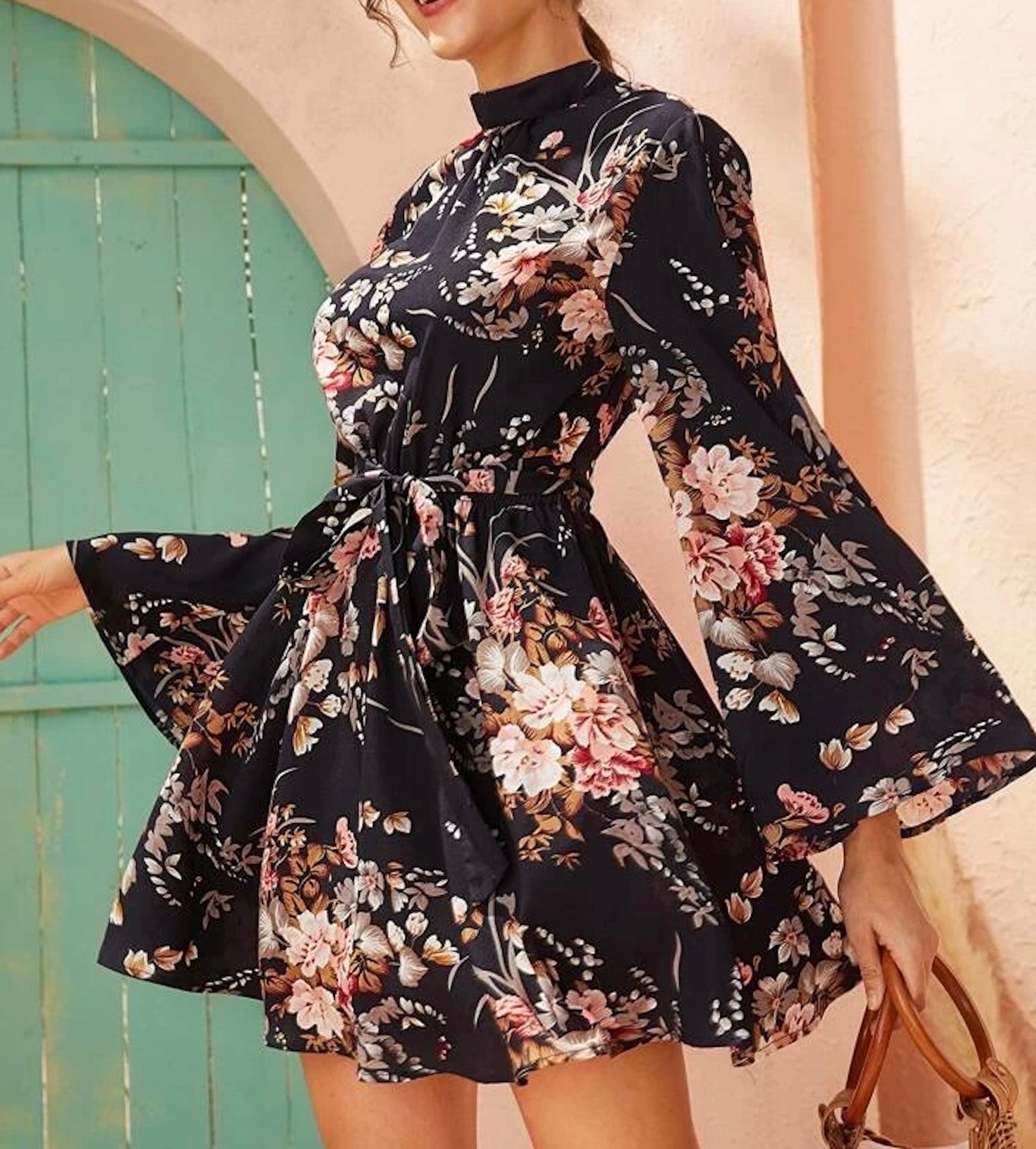 Clothes and You Tie Open Back Self Belted Floral Print Dress