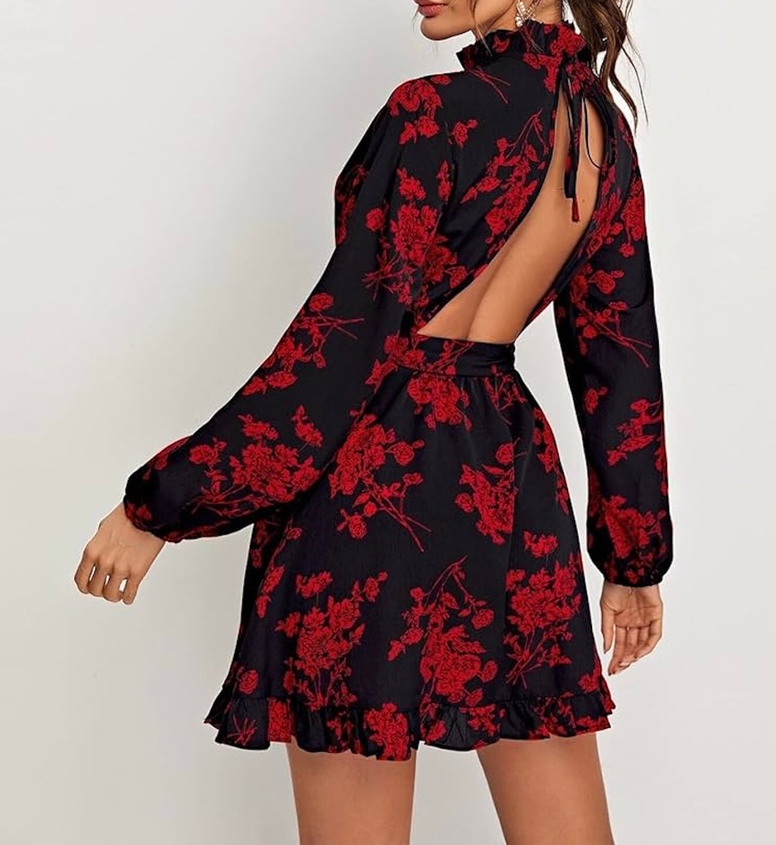 Clothes and You Floral Print Tied Cutout Back Self Belted Dress